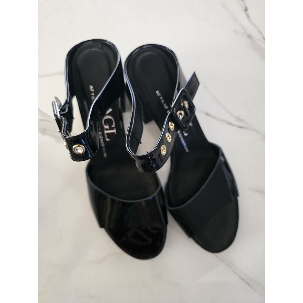 AGL Attilio Giusti Leombruni Black Patent Leather Ankle Strap Block Sandals 38